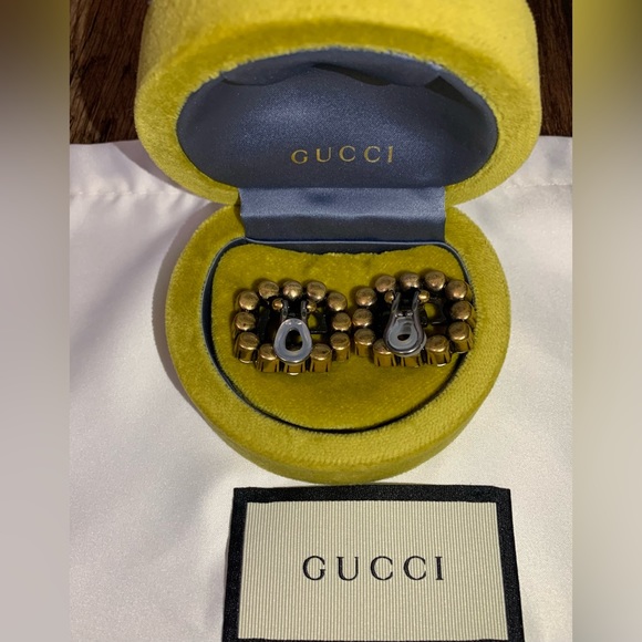 GUCCI Crystal Double G earrings in aged gold finish. - Picture 5 of 7